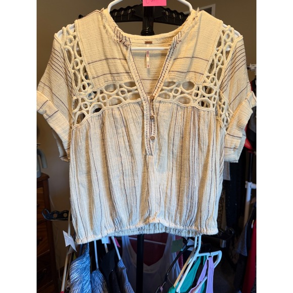 Free People Cedar Lace Crochet Cutout Boho Blouse Cream Striped Short Sleeve - Picture 5 of 7